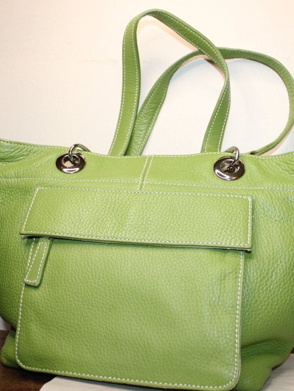 Genuine Leather Lime Green Shoulder Tote Bag Excellent Condition